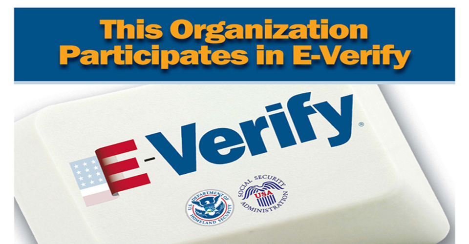 E-Verify logo with words This Organization Participates in E-Verify